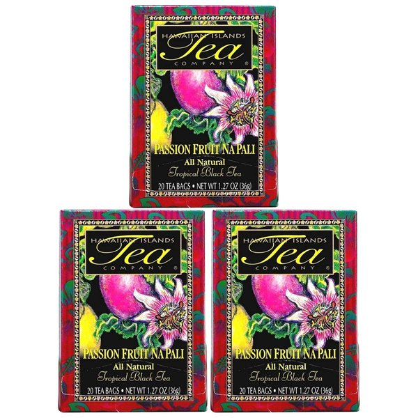 Hawaiian Islands Passion Fruit Na Pali Tropical Black Tea, All Natural - 20 Teabags Per box (60 Tea Bags (Pack of 3))