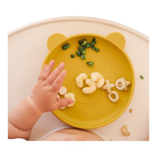 Spoondrift 100% Food Grade Silicone Slip-Proof Suction Bear Shaped Plate | BPA-Free | Non-Toxic | For Toddler Meal Time, Choose From 3 Colors (Mustard)