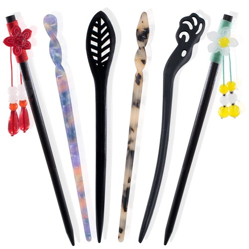 6 Pack Chopsticks Hair Pins Vintage Flower Handmade Ancient Brown Wood Picks Wooden Sandalwood Carved Hollow Long Horn Fork Pen Hairpins Sticks Accessories with Tassel for Women Girls