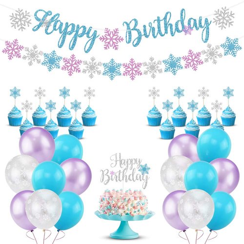 Snowflake Birthday Party Decorations with Happy Birthday Snowflake Banner, Cake Toppers, Purple Blue White Snowflake Balloons for Frozen Birthday Party Supplies Winter Wonderland Baby Shower