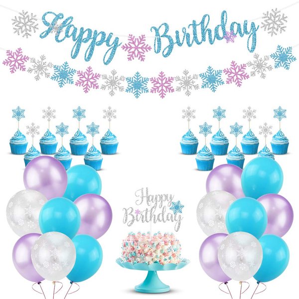 Snowflake Birthday Party Decorations with Happy Birthday Snowflake Banner, Cake Toppers, Purple Blue White Snowflake Balloons for Frozen Birthday Party Supplies Winter Wonderland Baby Shower