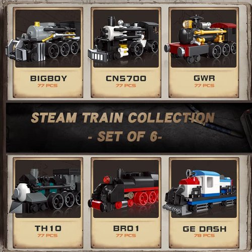 Apostrophe Games 6 in 1 Steam Trains Building Block Set – 463 Pcs – Variety of 6 Trains, Unique Retro Style Model Set, Engineering & Construction Toys for Kids and Adults, Stocking Stuffer
