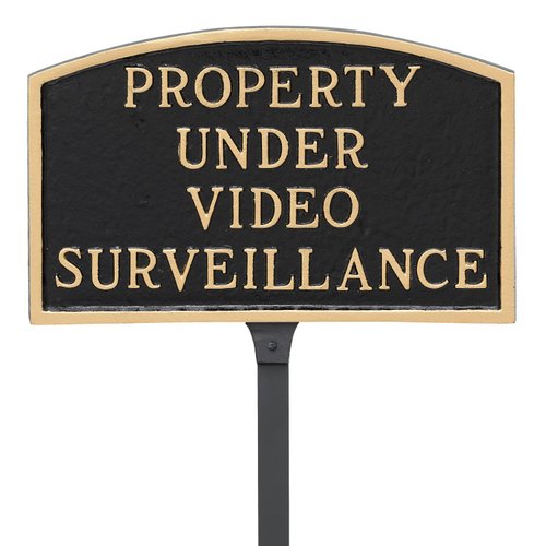 Montague Metal Products 5.5" x 9" Small Arch Property Under Video Surveillance Statement Plaque Sign with 17.5" Lawn Stake - Black/Gold