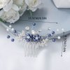 Latious Bride Wedding Crystal Hair Comb Silver Leaf Bridal Hair Clip Blue Pearl Hair Piece Rhinestones Hair Accessories for Women and Girls