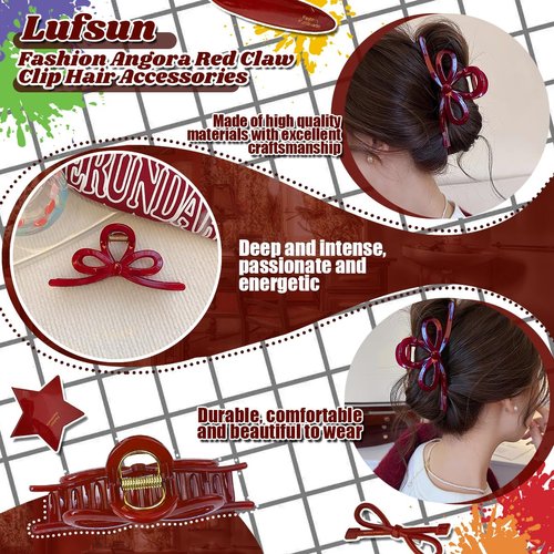 4 Pcs Hair Claw Clips Set Angora Red Valentine's Bow Pentagram Elliptical Resinous Baked Paint Everyday Lives Stylish Hair Clips for Women Teen Girls Thick & Thin Hair Accessories
