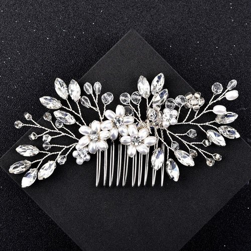 Andy's Orchids Crystal Wedding Hair Comb Pearl Flower Side Combs with Rhinestone for Brides, Bridesmaids and Women, Silver