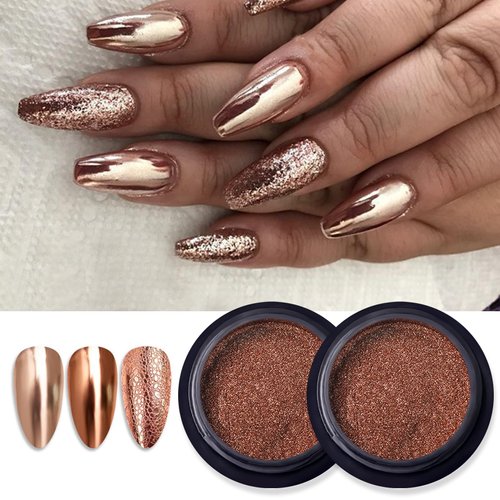 BASEMMAHER 2 Boxes Apple Gold Chrome Nail Powder Glitter Metallic Mirror Effect Holographic Aurora Chameleon Pigment for Nail Art Gel Polish Mermaid Unicorn Dipping Powder Decoration Design