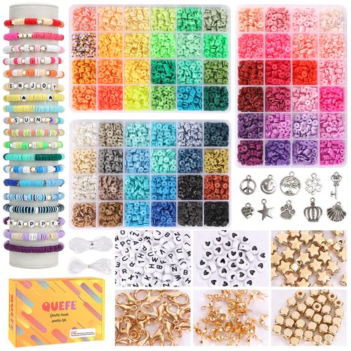 QUEFE 9000pcs, 72 Colors Clay Beads for Friendship Bracelet Making Kit, Bracelet Making Kit for Girls 8-12, Polymer Heishi Beads, Letter Beads for Jewelry Making, for Gifts, Crafts, Preppy