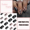 Sparkly Press on Nails with Milk Cow Print Designs, Glossy Black Glitter Short Coffin Length Fake/False Nails Spot Full Cover Acrylic Nails X Glue Stick on Artificial Fingernails for Women Girls