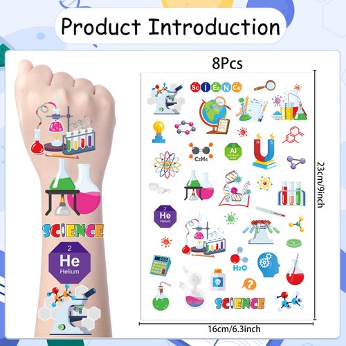 Yoyuspy Science Temporary Tattoos Stickers - 200+ Science Temporary Tattoo Kids Party Decorations Favors Mad Scientist Laboratory Birthday Party Decoration Educational Science Tattoo Party Supplies