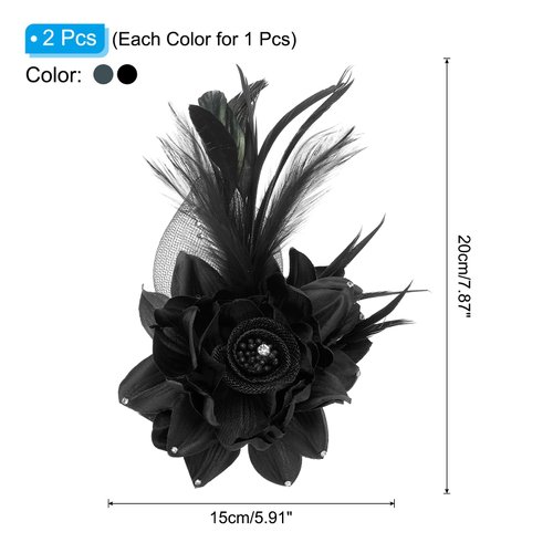 PATIKIL Floral Hair Clip, 2 Pcs Elegant Flower Feather Brooch Pin Hat Silk Wedding Party Dance Banquet Pins Accessories Camellia Charm Lady Dress Suit, Black & Gray with Black Feathers