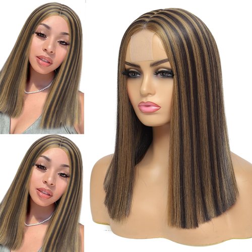 Alileona Highlight Bob Wigs for Women Straight Bob Lace Front Wig 14inch Blunt Cut Short Bob Synthetic Wigs for Black Women (F4/27#)