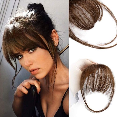 AISI QUEENS Clip in Bangs Real Human Hair Bangs Hair Clip on Bangs for Women Fake Bangs Fringe with Temples Bangs Clip Hair Extensions for Daily Wear (Wispy Bangs, Medium Brown)