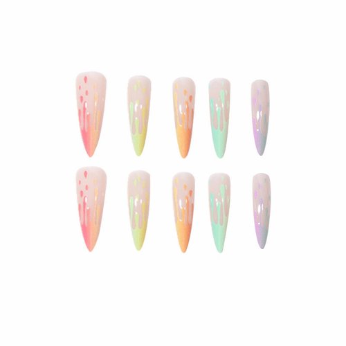 MISUD Press on Nails Long Stiletto Fake Nails Glossy Glue on Nails Colorful French Tip Acrylic Nails Almond Artificial Nails Rainbow Fire Stick on False Nails with Design 24 pcs
