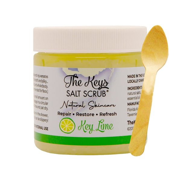 The Keys Sea Salt Scrub - Exfoliating Body Scrub with Wooden Spoon- Foot Scrub and Hand Scrub for men, women - Made with Pure Florida Sea Salt Organic Essential Oils & Nutrients (Key Lime, 3.4 oz).