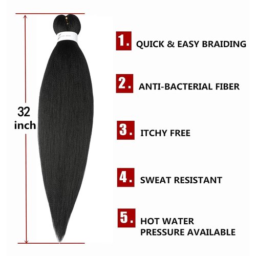 Pre Stretched Braiding Hair Natural Black Long Braiding Hair 32 Inch 3 Packs Braiding Hair Extensions Professional Synthetic Fiber Crochet Twist Braids(32inch,#1B)