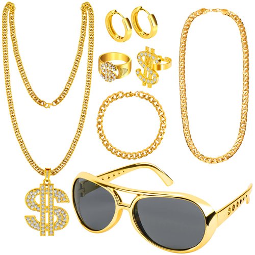 Dreamtop 8Pcs Hip Hop Costume Accessories kit, 80s 90s Hip Hop Fancy Dress Accessories with Gold Dollar Sign Necklace Bracelet Hip Hop Rings Earrings Sunglasses Women Men