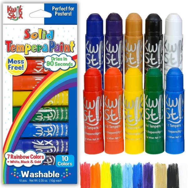 The Pencil Grip Kwik Stix Solid Tempera Paint Sticks, Washable, Rainbow Colors, 10 Non-Toxic Quick Drying, Allergen Free, Paint Sticks for Kids and Toddlers