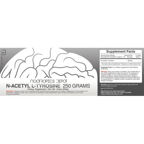 N-Acetyl L-Tyrosine Powder | 250 Grams | NALT | Amino Acid Supplement | Natural Nootropic Supplement | Supports Memory, Learning and Focus | Supports Healthy Stress Levels