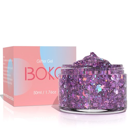 Boko 1.76oz Body Glitter Gel, Holographic Purple Liquid Chunky Glitter Lotion Mermaid Sequins for Face Hair and Body Makeup, Halloween Christmas Rave Accessories and Costume - Amethyst Orchid