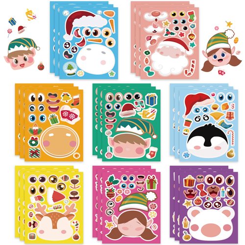 24 Sheets Christmas Make-a-face Sticker Sheets, Make Your Own Stickers for Kids, with 8 Designs, Xmas Party Favor Sticker Sheets Craft Game Activities Gift Rewards for Kids Holidays Party Supplies