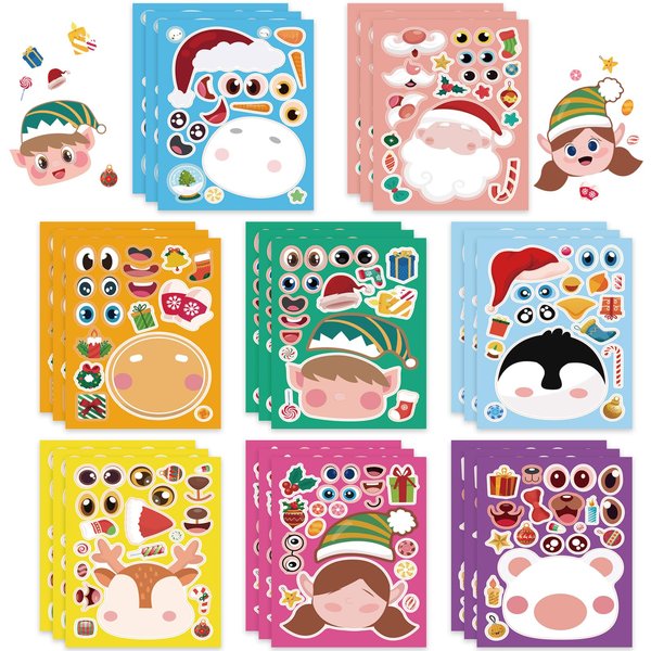 24 Sheets Christmas Make-a-face Sticker Sheets, Make Your Own Stickers for Kids, with 8 Designs, Xmas Party Favor Sticker Sheets Craft Game Activities Gift Rewards for Kids Holidays Party Supplies