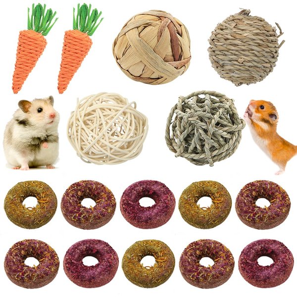 Hamster Toys,Rabbit Chew Toys 16PCS,Guinea Pig Bunny Rat Chinchilla Gerbil Treats Ball Donuts Flower Grass Cake Carrot Enrichment Toys For Pet Small Animal Teeth Cleaning Cage Accessories Indoor