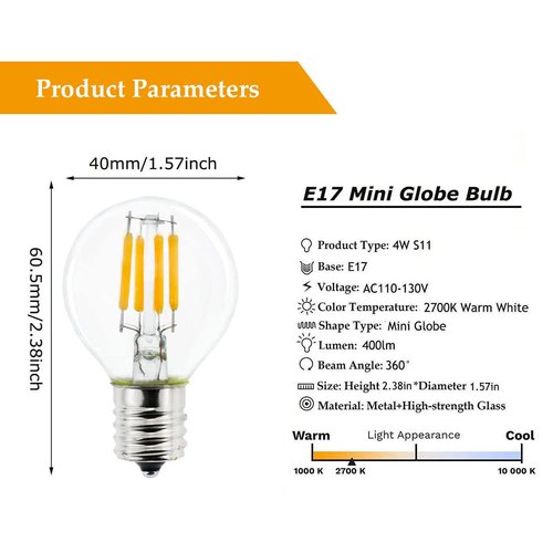 5-Pack E17 S11 LED Light Bulb,E17 Intermediate Base Mini Globe Bulb 4W Warm White 2700K,40 Watt S11 G40 Incandescent Bulb Replacement for Desk Lamp,Cabinet,Closet Non Dimmable