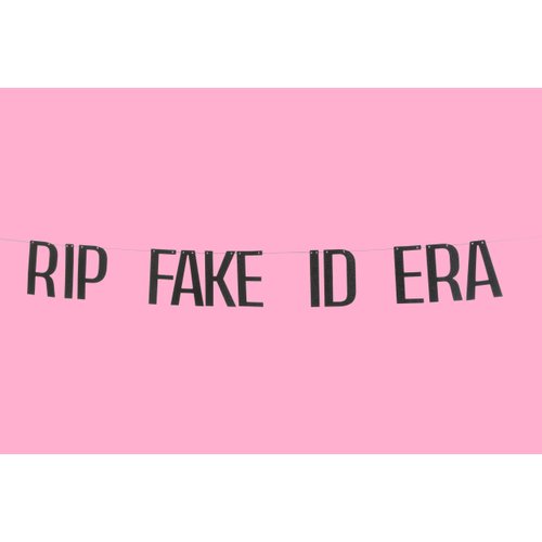 Dulcet Downtown 21st Birthday Banner - RIP FAKE ID ERA - Pre-Assembled Black Glitter Birthday Party Banner - 21st Birthday Party Decorations
