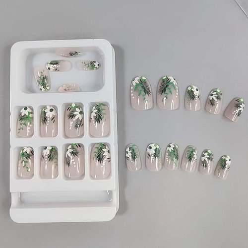 24 Pcs Cute Flowers Press on Nails Medium Oval French Fake Nails with Summer Green Leaf Flower Design Glossy Acrylic False Nails Reusable Artificial Nails for Women and Girls Manicure Decoration