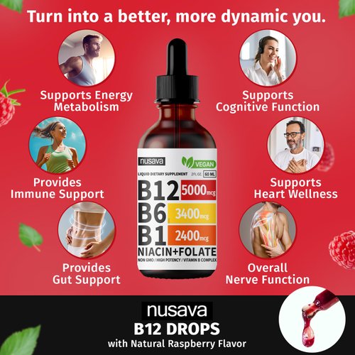 (2 Pack) Vitamin B12 Liquid Drops, Vitamin B Complex, Vegan B12 Sublingual 5000 mcg with Vitamin B6, Liquid B12 Methylcobalamin Supports Energy, Brain & Heart with 27,200 mcg Per Serving, 80 Servings