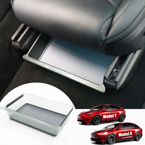 RAZOVEYI Underseat Storage Box for Tesla Y & X 2024 2023 2022 2021 Driver Passenger Underseat Storage Tray Box Organizer with TPE Mat Tesla Model Y & X Under Seat Organizer Accessories