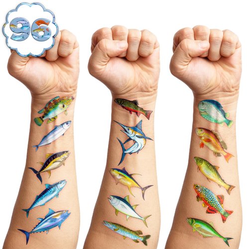 96 PCS Fishing Temporary Tattoos Birthday Party Decorations Favors Supplies Decor Gone Fishing Fish Fisherman Lake Stickers For Girls Boys Gift School Prizes Rewards