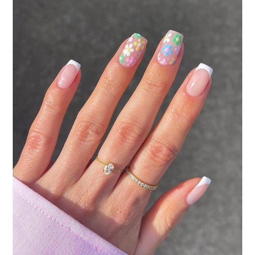 24 Pcs Acrylic Press on Nails Short, Glue on Nails for Women, Fake Nails with Glue (Pink Flower French)