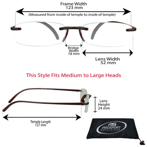 proSPORT Reading Glasses +1.25 Red Frame Rimless Full Lens Reader Ultra Lightweight Flexible Men Women