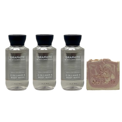 Bath & Body Works Men's Collection Graphite 2-in-1 Hair, Face & Body Wash 3 Piece Travel Size with a Himalayan Salts Springs Sample Soap.
