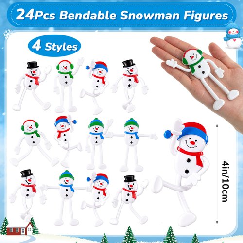 JellyArch 50 Pcs Christmas Holiday Character Christmas Bendable Figures Snowman Bendable for Christmas Party Favors Prizes Goodie Bag Winter Stocking Stuffers, 4 Assorted Styles