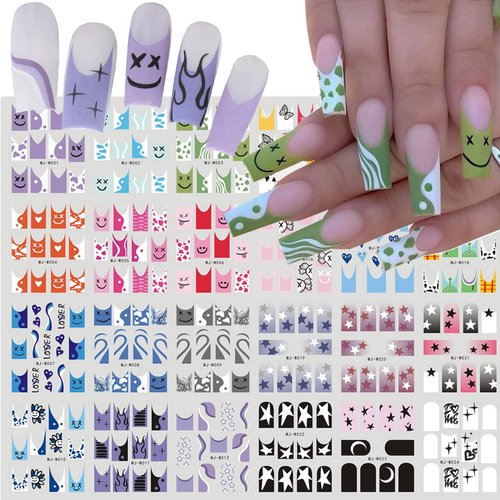 French Tip Nail Art Stickers,24 Sheets Colorful French Water Decals Transfer Nail Foil Designer Nail Art Supplies Cute Heart Star Cartoon Designs DIY nail Accessories Manicure Decorations for Women Girls