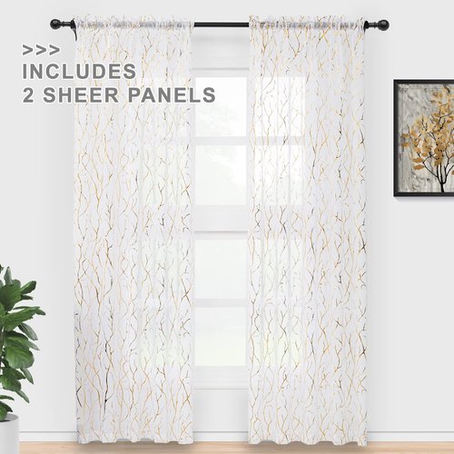 FINECITY Gold Tree Branch Sheer Curtains for Bedroom, Metallic Gold Foil White Sheer Curtains 96 Inch Length for Living Room, 52 x 96 Inch, 2 Panels