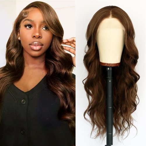 Oxeely Chocolate Brown Lace Front Wig Long Wavy Curly Hair Wigs Natural Looking Glueless Lace Wigs Heat Resistant Fiber Hair Brown Synthetic Lace Front Wigs for Women Daily Use