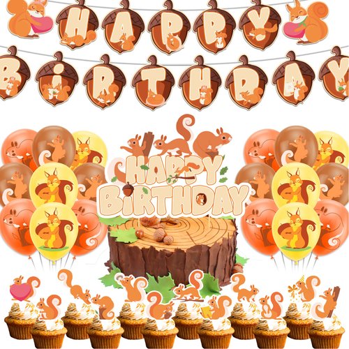 Squirrel Birthday Party Decorations Woodland Animals Squirrel Party Supplies Includes Squirrel Happy Birthday Banner Cake Topper Cupcake Toppers Balloons for Squirrel Themed Party Zoo Animals Party
