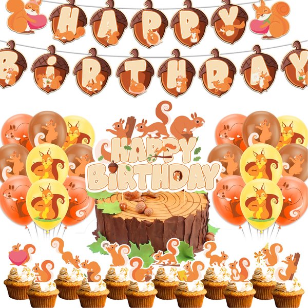 Squirrel Birthday Party Decorations Woodland Animals Squirrel Party Supplies Includes Squirrel Happy Birthday Banner Cake Topper Cupcake Toppers Balloons for Squirrel Themed Party Zoo Animals Party