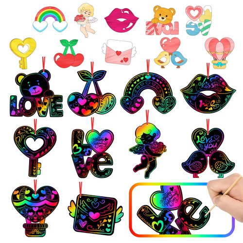 Leesgel Kids Valentine Crafts Art Kit, Cute Hearts and Love Letters Ornament Valentine Scrath Art Paper, Double Side Scrawl Design Scrath Off Cards for Classroom Activity Wedding Handicraft Projects