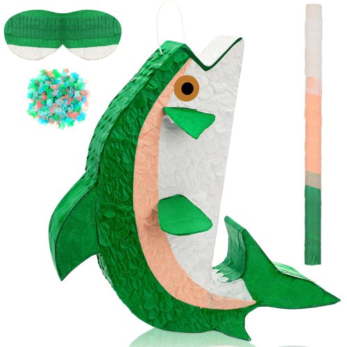 Glimin Fish Piñata with Piñata Stick, Blindfold and Confetti, Fish Shaped Piñata for Go Fishing Party, Fish Birthday Piñata for Kids Animal Theme Birthday Decorations for Birthday Party(Fish)