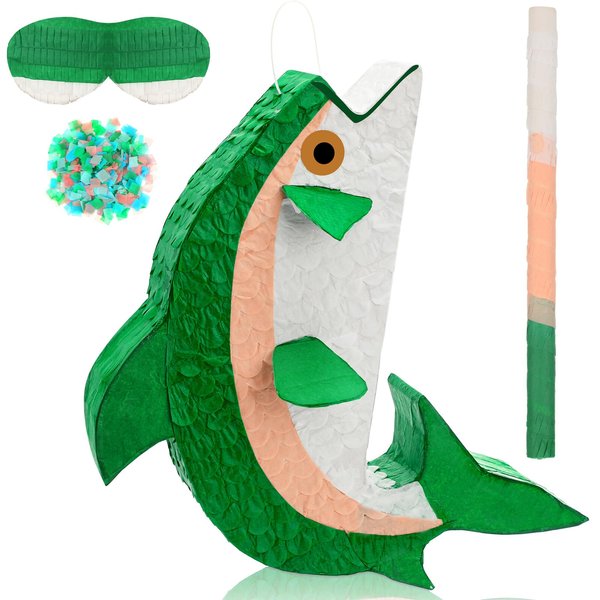 Glimin Fish Piñata with Piñata Stick, Blindfold and Confetti, Fish Shaped Piñata for Go Fishing Party, Fish Birthday Piñata for Kids Animal Theme Birthday Decorations for Birthday Party(Fish)