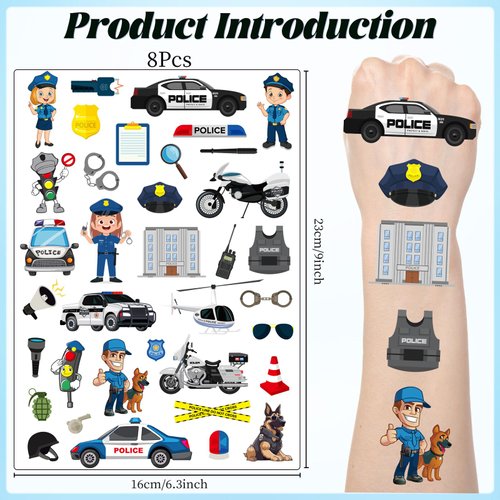 Lovarywow Police Temporary Tattoos for Kids - 200+ Police Birthday Party Decorations Police Car Fake Tattoos Stickers Gifts Police Badge Tattoo Temporary Police Party Favors Supplies for Boys Girls