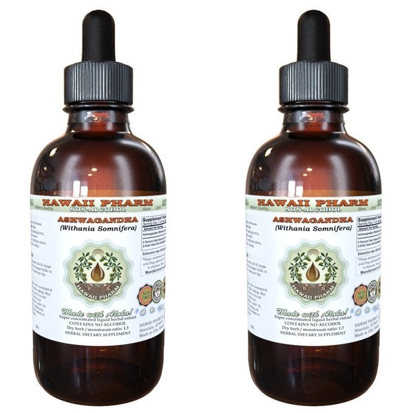 Ashwagandha Alcohol-Free Liquid Extract, Organic Ashwagandha (Withania Somnifera) Dried Root Glycerite Hawaii Pharm Natural Herbal Supplement 2x2 oz