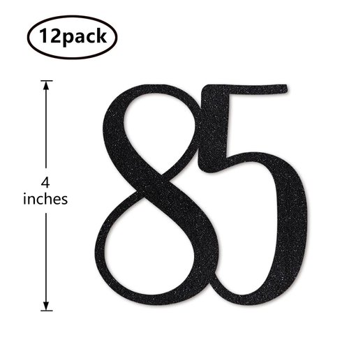 Black Glitter 85th Birthday Centerpiece Sticks, 12-Pack Number 85 Table Topper Anniversary Party Decorations