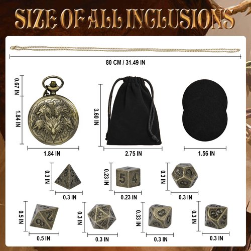 Kabinka DND Dice Set, 7pcs Mini Metal Dice with Pocket Watch Shell, Portable D&D Dice with Necklace, Dungeons and Dragons Dice for RPG(Five-Headed Dragon, Bronze)