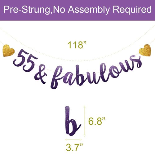 55 & Fabulous Banner, Purple Glitter Paper Banner Sign Garlands,55th Birthday/Anniversary Party Decorations Supplies,Letters Purple,SUNbetterland